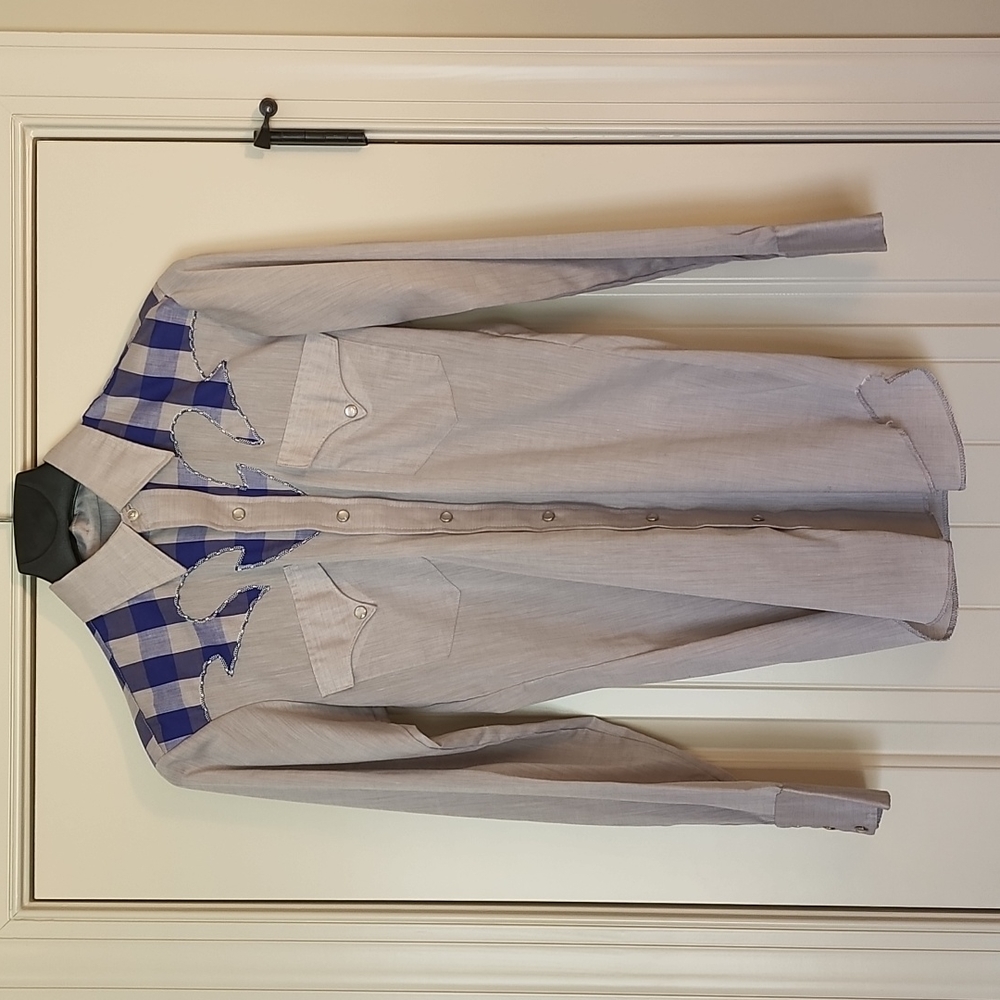 Vintage H Bar C California Ranchwear 15-34 Grey w/ Royal Blue Pearl Snaps